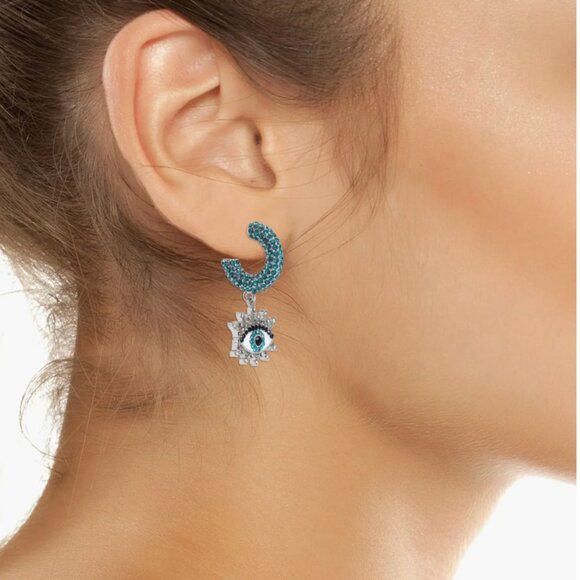 Kurt Geiger London Evil Eye Crystal & Enamel Drop Earrings Silver Blue - Picture 1 of 3